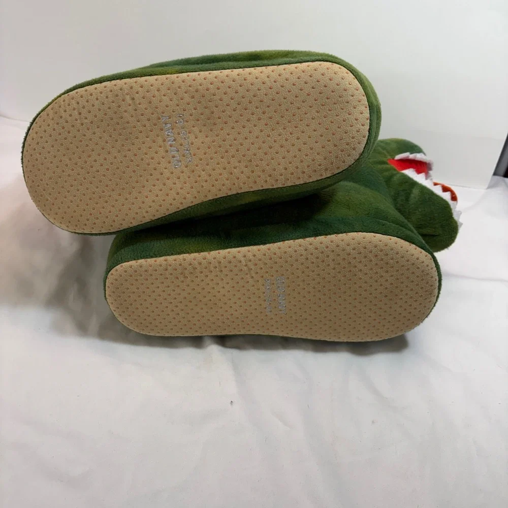 Old Navy Kids Green‎ Dinosaur T-Rex Plush Slippers XXL (5-6) Non-Slip Soles